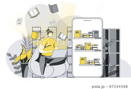 Online reading concept with outline people scene. Woman reads e-books on laptop, stores books in cloud and accesses bookshelf in mobile phone. Vector illustration in flat line design for web template Online reading concept with outline people scene. Woman reads e-books on laptop, stores books in cloud and accesses bookshelf in mobile phone. Vector illustration in flat line design for web template 97334398