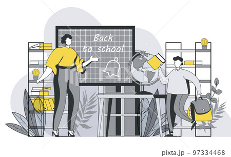 Back to school concept with outline people scene. Pupil holding textbook and goes school and goes to lesson. Teacher welcomes boy in classroom. Vector illustration in flat line design for web template Back to school concept with outline people scene. Pupil holding textbook and goes school and goes to lesson. Teacher welcomes boy in classroom. Vector illustration in flat line design for web template 97334468