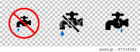 Icon set of water faucet failure, prohibition of use, and water leakage. vector. 97334592