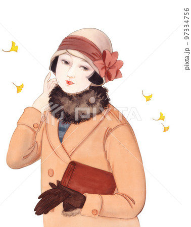 大正浪漫 昭和レトロ 銀杏の葉とリボンの帽子の少女のイラスト素材