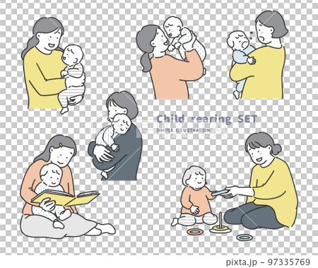 A set of illustration materials of a baby and mother during parenting 97335769