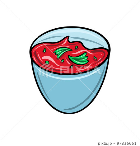 Vector Chili salsa in a gray bowl. Mexican fast food. Sauce illustration in cartoon flat style. Vector Chili salsa in a gray bowl. Mexican fast food. Sauce illustration in cartoon flat style. 97336661