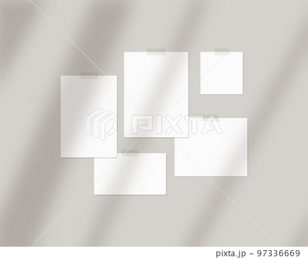 Mood board mockup template. Empty sheets of white paper on the wall with shadow overlay. Mockup vector isolated. Template design. Realistic vector illustration. 97336669