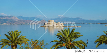 panoramic view of Bourtzi castle in Nafplio, Greece 97337095