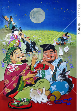 卯年吉祥画 実りの秋に兎と月見を楽しむ七福神 卯年吉祥画 実りの秋に兎と月見を楽しむ七福神 97337590