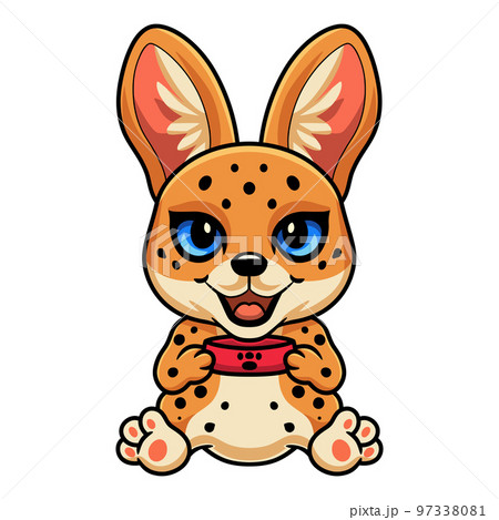 Cute serval cat cartoon holding food bowl Cute serval cat cartoon holding food bowl 97338081