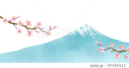 和風背景素材　水彩風の富士山と桜の枝　白背景 97339312