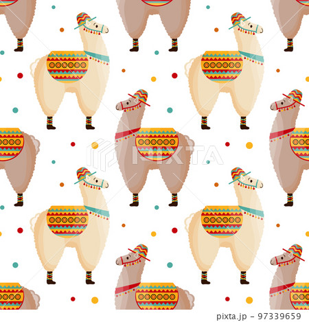 Seamless pattern, cute llamas in a hat with a saddle, mexican alpaca. Background, print, children's textile, vector Seamless pattern, cute llamas in a hat with a saddle, mexican alpaca. Background, print, children's textile, vector 97339659