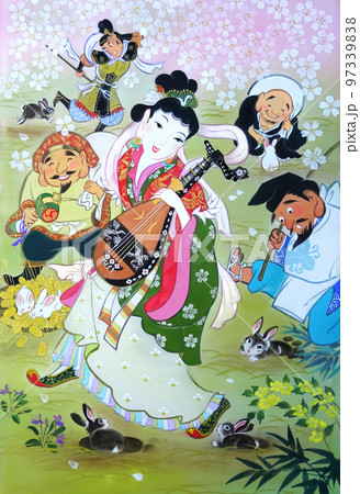 吉祥画 お花見で野うさぎと遊ぶ七福神 吉祥画 お花見で野うさぎと遊ぶ七福神 97339838