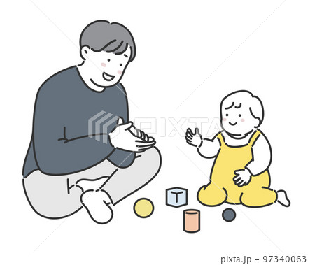 おもちゃで遊ぶ赤ちゃんとお父さんのイラスト素材 97340063