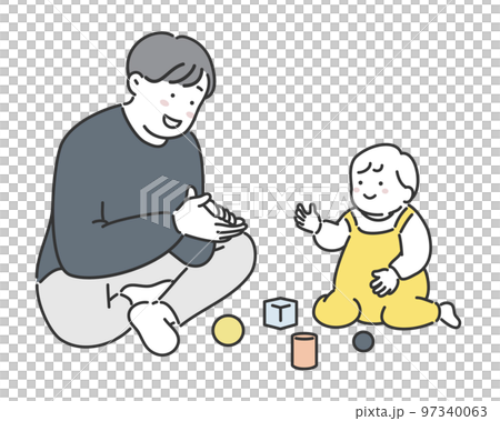 おもちゃで遊ぶ赤ちゃんとお父さんのイラスト素材 97340063