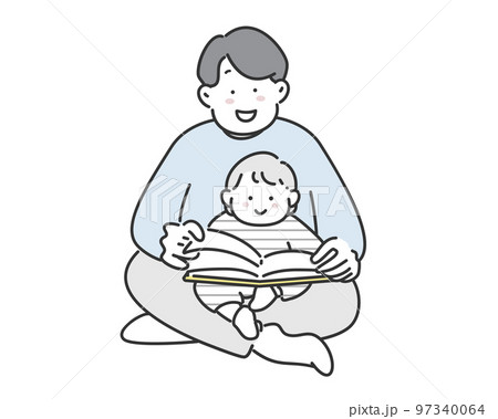 赤ちゃんに絵本を読み聞かせるお父さんのイラスト素材 97340064