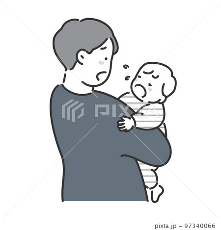 泣いている赤ちゃんを抱っこしてあやすお父さんのイラスト素材 97340066