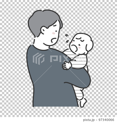 泣いている赤ちゃんを抱っこしてあやすお父さんのイラスト素材 97340066