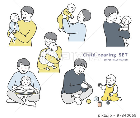 子育て中の赤ちゃんとお父さんのイラスト素材のセット 97340069
