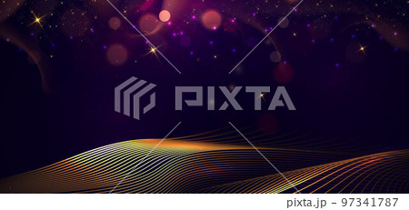 Abstract glowing gold curved lines on dark blue background with lighting effect and sparkle with copy space for text. Luxury design style. 97341787