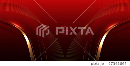 Abstract 3d gold curved red ribbon on red background with lighting effect and sparkle with copy space for text. 97341865