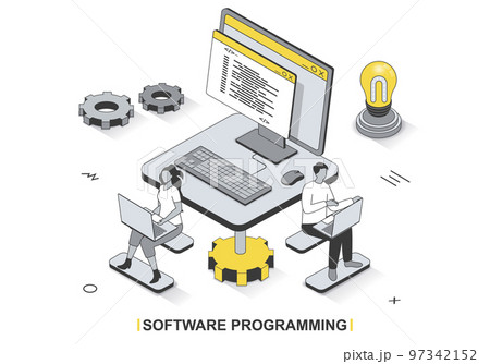 Software programming concept in 3d isometric outline design. Development team programs, tests and optimizes computer programs, works in office, line web template. Vector illustration with people scene Software programming concept in 3d isometric outline design. Development team programs, tests and optimizes computer programs, works in office, line web template. Vector illustration with people scene 97342152