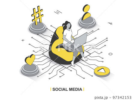 Social media concept in 3d isometric outline design. Woman browses on laptop, creates profile, watches video content, likes and shares posts, line web template. Vector illustration with people scene 97342153