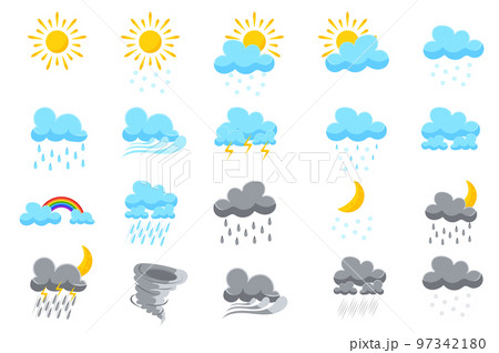 Symbols for weather forecasts set isolated elements. Bundle of clear sun, cloudy sky, snowfall, windy, thunderstorm, rain, rainbow, drizzle and others. Vector illustration in flat cartoon design. 97342180