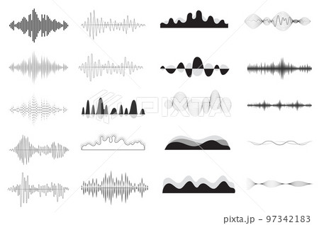 Sound waves in different shapes set isolated elements. Bundle of vibration and waving lines for musical player or audio equalizer, voice signal, waveforms. Vector illustration in flat cartoon design. 97342183