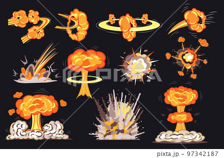 Fire explosions in comic style set isolated elements. Bundle of bright flame bombs effects to express energy of motion and detonation, atomic mushrooms. Vector illustration in flat cartoon design. Fire explosions in comic style set isolated elements. Bundle of bright flame bombs effects to express energy of motion and detonation, atomic mushrooms. Vector illustration in flat cartoon design. 97342187