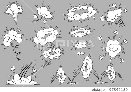 Bang and cloud explosions in comic style set isolated elements. Bundle of smoke effects frames with splashes and curve moving to express energy of motion. Vector illustration in flat cartoon design. Bang and cloud explosions in comic style set isolated elements. Bundle of smoke effects frames with splashes and curve moving to express energy of motion. Vector illustration in flat cartoon design. 97342189