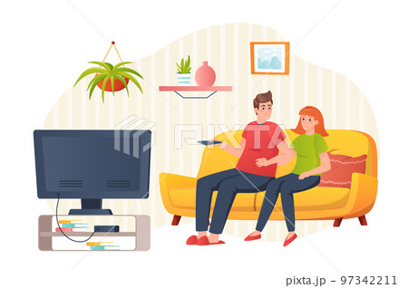 Couple watching TV at home flat concept people scene. Man and woman sitting on sofa and switches channels. Husband and wife enjoying movie in living room. Vector illustration for web banner design Couple watching TV at home flat concept people scene. Man and woman sitting on sofa and switches channels. Husband and wife enjoying movie in living room. Vector illustration for web banner design 97342211