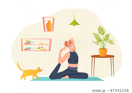 Man doing yoga training at home flat concept people scene. Young girl performs yoga asana, does stretching during morning exercises. Healthy lifestyle. Vector illustration for web banner design Man doing yoga training at home flat concept people scene. Young girl performs yoga asana, does stretching during morning exercises. Healthy lifestyle. Vector illustration for web banner design 97342228