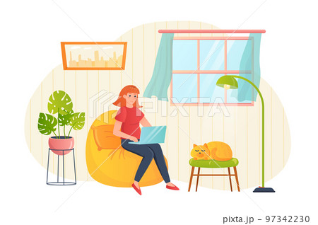 Freelance workplace flat concept people scene. Woman working at laptop while sitting in armchair with sleepy cat in cozy room. Remote worker in home office. Vector illustration for web banner design 97342230