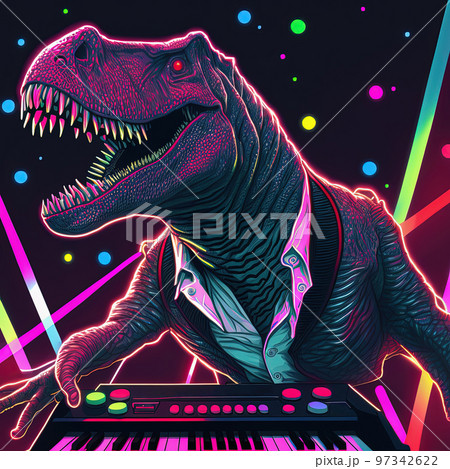 Cool party dj Tyrannosaurus rex playing on keyboard. Pop art style in neon colors. Generative AI. Not based on any actual scene 97342622