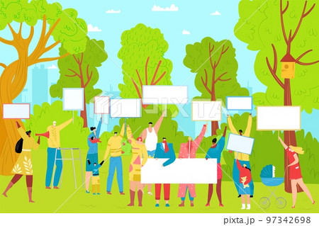 Protest at flat nature, people hold poster placard banner, vector illustration. Cartoon demonstration design, people character want save nature. 97342698