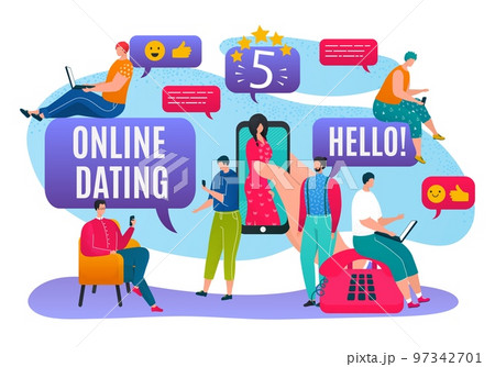 Dating online in mobile social media, people character use smartphone network chat vector illustration. Flat man woman fall in love 97342701