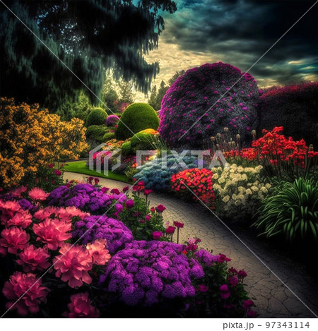 Magic garden in sunlight, beautiful flowers....のイラスト素材