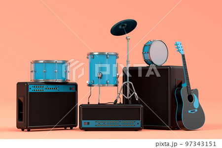 Set of electric acoustic guitar, amplifiers and drums with metal cymbal on coral 97343151