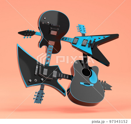 Set of electric acoustic guitars isolated on coral background. Set of electric acoustic guitars isolated on coral background. 97343152