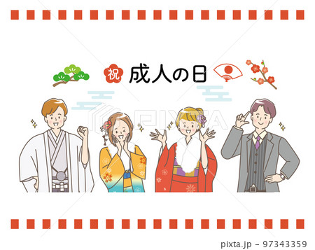 掛け軸と晴れ着姿の男女のイラストセット素材 97343359