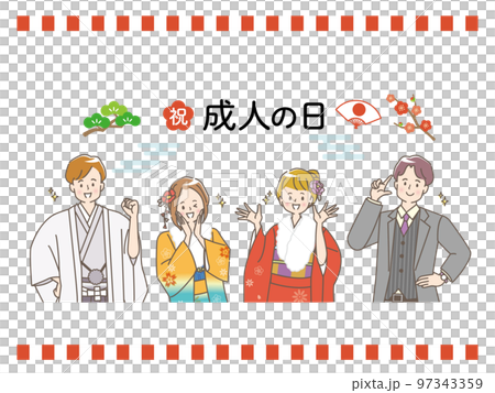 掛け軸と晴れ着姿の男女のイラストセット素材 97343359