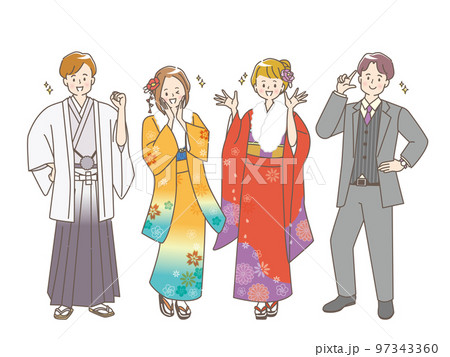 掛け軸と晴れ着姿の男女のイラストセット素材 97343360
