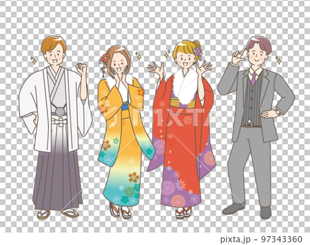 掛け軸と晴れ着姿の男女のイラストセット素材 97343360