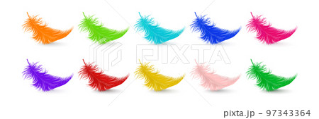 Vector 3d Realistic Multicolored Fluffy Feather Set Isolated on White Background. Design Template of Flamingo, Angel, Bird Detailed Feathers. Lightness, Freedom Concept 97343364