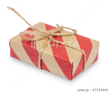 Craft gift box from brown paper with red stripes isolated on white. Craft gift box from brown paper with red stripes isolated on white. 97343694