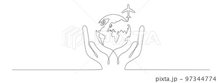 Human hands holding Earth globe with flying airplane continuous line art drawing 97344774