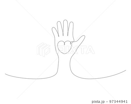 Hand holding heart continuous one line drawing. 97344941