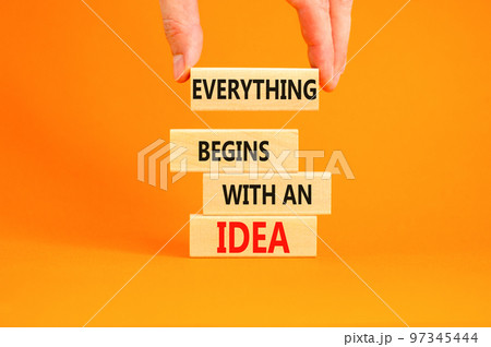 Everything begins with an idea symbol. Concept word Everything begins with an idea on wooden blocks. Beautiful orange background. Business everything begins with an idea concept. Copy space Everything begins with an idea symbol. Concept word Everything begins with an idea on wooden blocks. Beautiful orange background. Business everything begins with an idea concept. Copy space 97345444