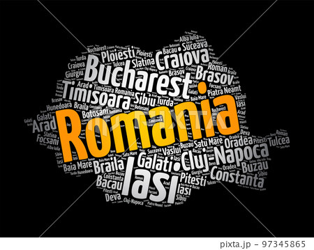 List of cities and towns in Romania, map word cloud collage, business and travel concept background 97345865