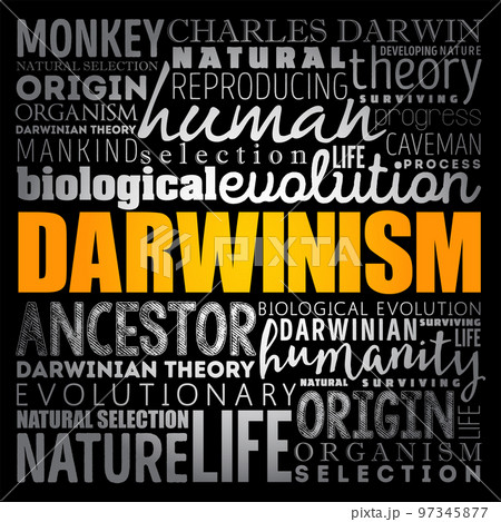 Darwinism - is a theory of biological evolution developed by the English naturalist Charles Darwin, word cloud education concept background 97345877