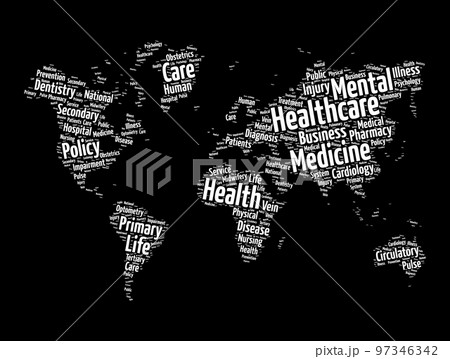 Mental health word cloud in shape of world map, social concept background 97346342