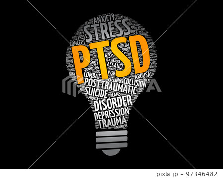 PTSD - Posttraumatic Stress Disorder light bulb word cloud collage, health concept background PTSD - Posttraumatic Stress Disorder light bulb word cloud collage, health concept background 97346482