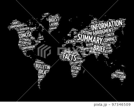Summary word cloud in shape of world map, concept background 97346509